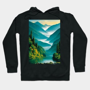 Lake with a Misty Valley In the Background Hoodie